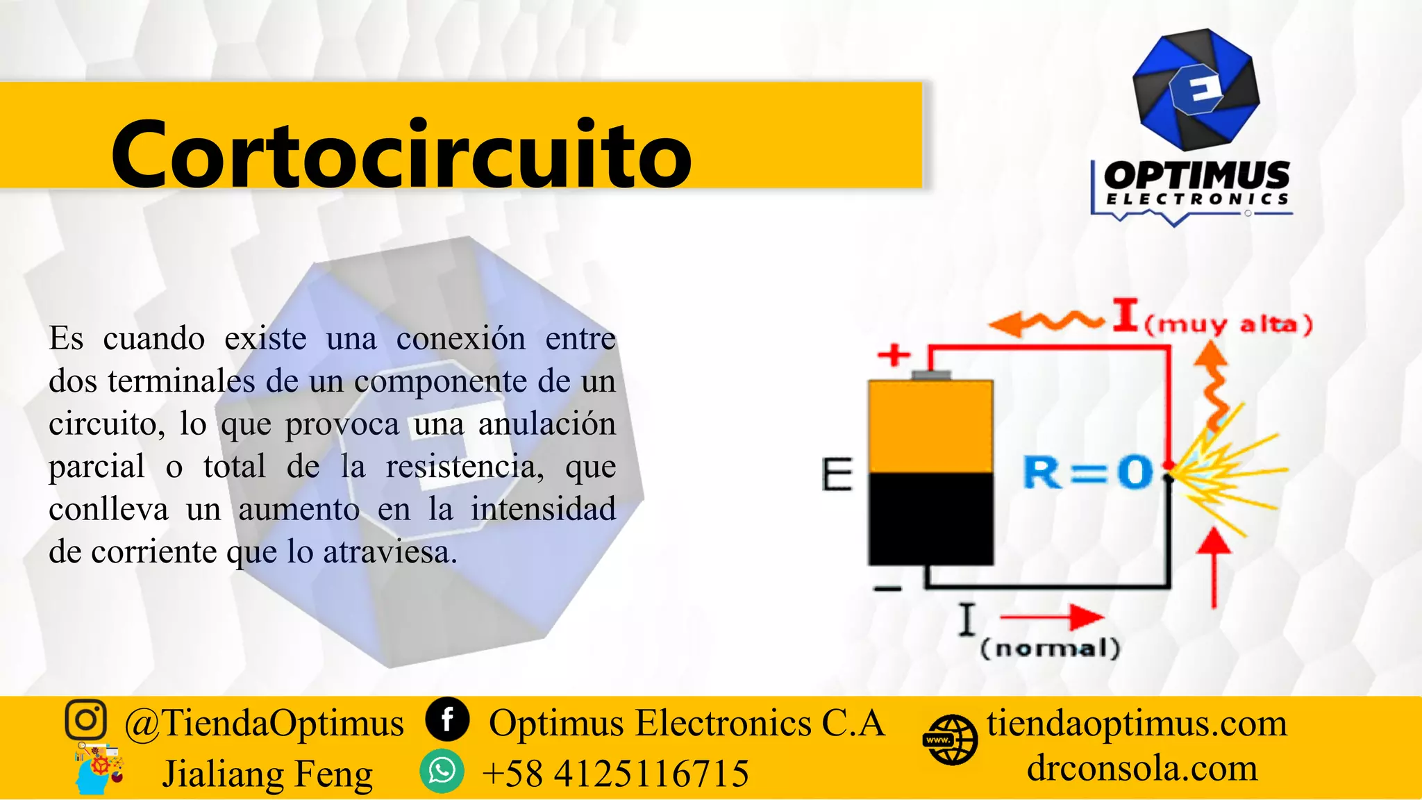 Cortocircuito
Es cuando existe una conexión entre
dos terminales de un componente de un
circuito, lo que provoca una anulación
parcial o total de la resistencia, que
conlleva un aumento en la intensidad
de corriente que lo atraviesa.
@TiendaOptimus Optimus Electronics C.A
drconsola.com
tiendaoptimus.com
Jialiang Feng +58 4125116715
 