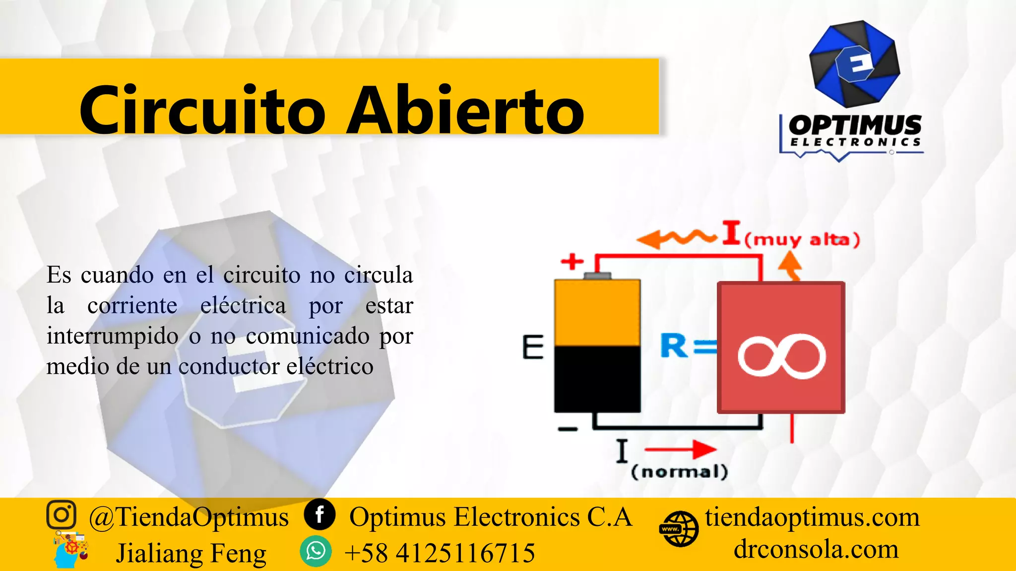 Circuito Abierto
Es cuando en el circuito no circula
la corriente eléctrica por estar
interrumpido o no comunicado por
medio de un conductor eléctrico
@TiendaOptimus Optimus Electronics C.A
drconsola.com
tiendaoptimus.com
Jialiang Feng +58 4125116715
 