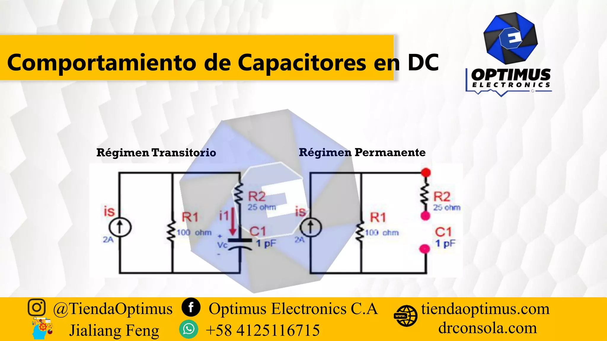 Comportamiento de Capacitores en DC
@TiendaOptimus Optimus Electronics C.A
drconsola.com
tiendaoptimus.com
Jialiang Feng +58 4125116715
Régimen Transitorio Régimen Permanente
 