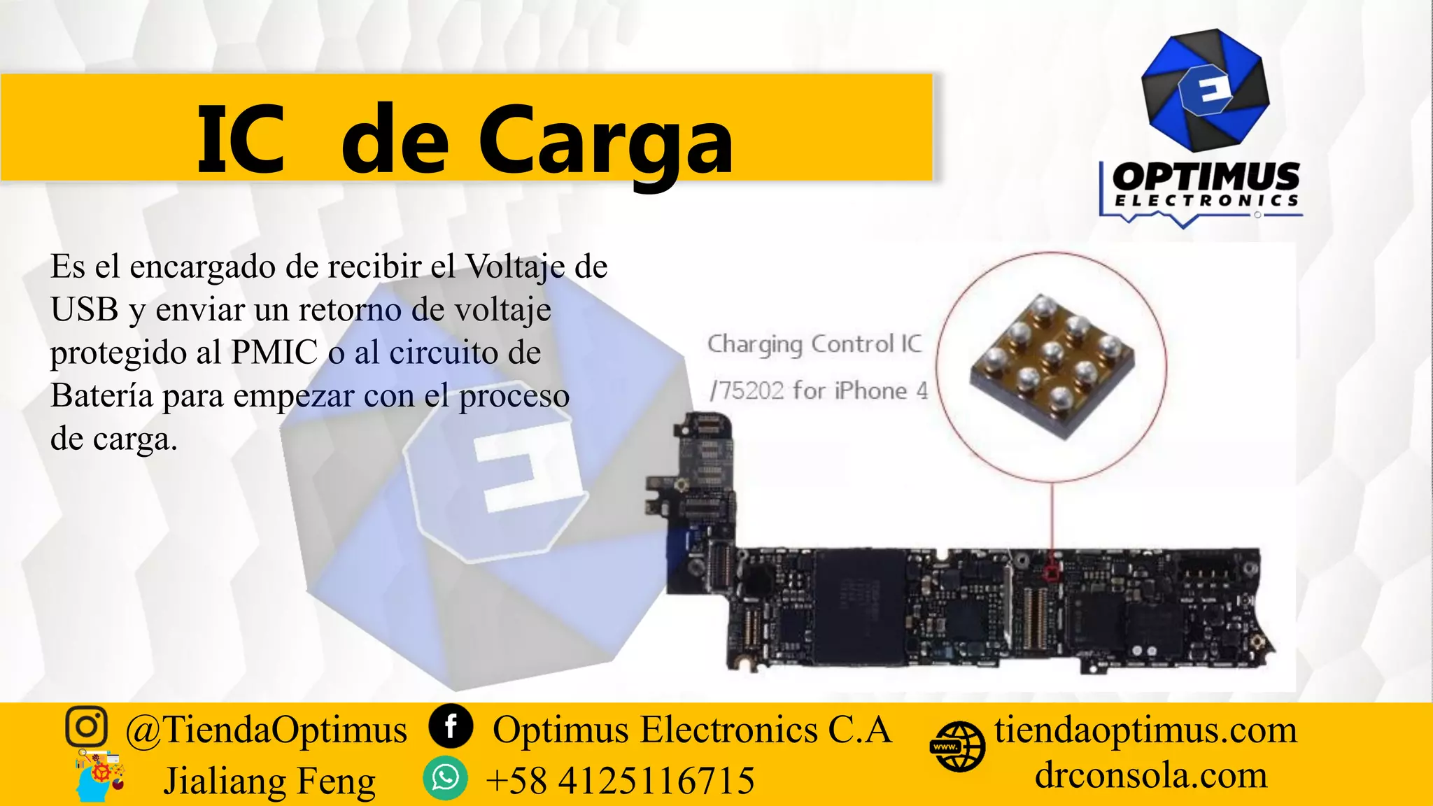 IC de Carga
Es el encargado de recibir el Voltaje de
USB y enviar un retorno de voltaje
protegido al PMIC o al circuito de
Batería para empezar con el proceso
de carga.
@TiendaOptimus Optimus Electronics C.A
drconsola.com
tiendaoptimus.com
Jialiang Feng +58 4125116715
 