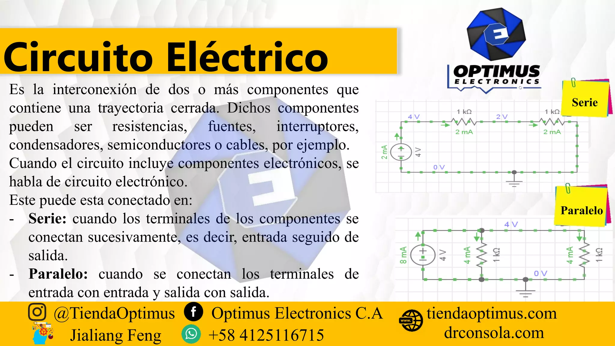 Circuito Eléctrico
Es la interconexión de dos o más componentes que
contiene una trayectoria cerrada. Dichos componentes
pueden ser resistencias, fuentes, interruptores,
condensadores, semiconductores o cables, por ejemplo.
Cuando el circuito incluye componentes electrónicos, se
habla de circuito electrónico.
Este puede esta conectado en:
- Serie: cuando los terminales de los componentes se
conectan sucesivamente, es decir, entrada seguido de
salida.
- Paralelo: cuando se conectan los terminales de
entrada con entrada y salida con salida.
Serie
Paralelo
@TiendaOptimus Optimus Electronics C.A
drconsola.com
tiendaoptimus.com
Jialiang Feng +58 4125116715
 