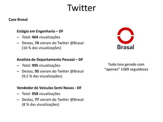 Twitter
Case Brasal

    Estágio em Engenharia – DF
    – Total: 464 visualizações
    – Destas, 74 vieram do Twitter @Brasal
       (16 % das visualizações)

    Analista de Departamento Pessoal – DF
    – Total: 995 visualizações                 Tudo isso gerado com
    – Destas, 95 vieram do Twitter @Brasal   “apenas” 1389 seguidores
      (9,5 % das visualizações)

    Vendedor de Veículos Semi Novos - DF
    – Total: 958 visualizações
    – Destas, 77 vieram do Twitter @Brasal
      (8 % das visualizações)
 
