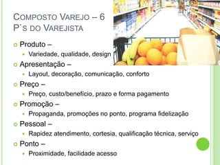 COMPOSTO VAREJO – 6 
P`S DO VAREJISTA 
 Produto – 
 Variedade, qualidade, design 
 Apresentação – 
 Layout, decoração, comunicação, conforto 
 Preço – 
 Preço, custo/benefício, prazo e forma pagamento 
 Promoção – 
 Propaganda, promoções no ponto, programa fidelização 
 Pessoal – 
 Rapidez atendimento, cortesia, qualificação técnica, serviço 
 Ponto – 
 Proximidade, facilidade acesso 
 