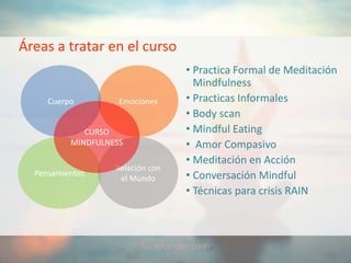 Áreas a tratar en el curso
• Practica Formal de Meditación
Mindfulness
• Practicas Informales
• Body scan
• Mindful Eating
• Amor Compasivo
• Meditación en Acción
• Conversación Mindful
• Técnicas para crisis RAIN
EmocionesCuerpo
Pensamientos
Relación con
el Mundo
CURSO
MINDFULNESS
 