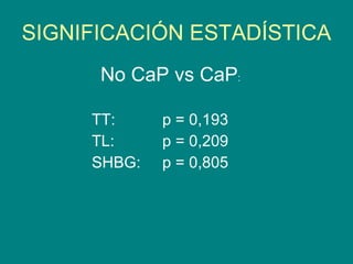 SIGNIFICACIÓN ESTADÍSTICA No CaP vs CaP : TT: p = 0,193 TL: p = 0,209 SHBG: p = 0,805 