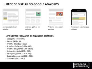 :: REDE DE DISPLAY DO GOOGLE ADWORDS
:: PRINCIPAIS FORMATOS DE ANÚNCIOS GRÁFICOS:
- Cabeçalho (728 x 90);
- Banner (468 x 60);
- Arranha-céu (120 x 600);
- Arranha-céu largo (160 x 600);
- Arranha-céu grande (300 x 600);
- Retângulo médio (300 x 250);
- Retângulo grande (336 x 280);
- Quadrado pequeno (200 x 200);
- Quadrado (250 x 250).
 