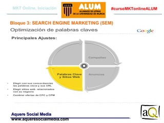 MKT Online, Iniciación

#cursoMKTonlineALUM

Bloque 3: SEARCH ENGINE MARKETING (SEM)

Aquere Social Media
www.aqueresocialmedia.com

 