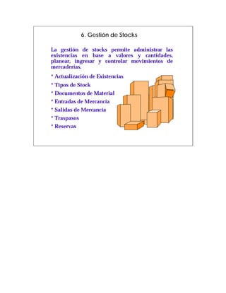 6. Gestión de Stocks

La gestión de stocks permite administrar las
existencias en base a valores y cantidades,
planear, ingresar y controlar movimientos de
mercaderías.
* Actualización de Existencias
* Tipos de Stock
* Documentos de Material
* Entradas de Mercancía
* Salidas de Mercancía
* Traspasos
* Reservas
 