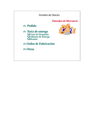 Gestión de Stocks

                         Entradas de Mercancía

n Pedido
n Nota de entrega
  ü Guía de Despacho
  ü Albarán de Entrega
  ü Remito
n Orden de Fabricación
n Otras
 