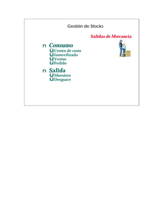 Gestión de Stocks

                      Salidas de Mercancía

n Consumo
  ü Centro de costo
  ü Inmovilizado
  ü Ventas
  ü Pedido
n Salida
  ü Muestreo
  ü Desguace
 