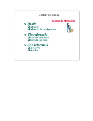 Gestión de Stocks

                         Salidas de Mercancía
n Desde
   ü Almacén
   ü Almacén de consignación
n Sin referencia
  ü Entrada individual
  ü Entrada colectiva
n Con referencia
   ü A reserva
   ü A orden
 