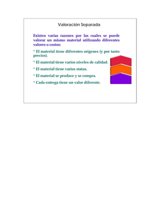 Valoración Separada

Existen varias razones por las cuales se puede
valorar un mismo material utilizando diferentes
valores o costos:
* El material tiene diferentes orígenes (y por tanto
precios).
* El material tiene varios niveles de calidad.
* El material tiene varios status.
* El material se produce y se compra.
* Cada entrega tiene un valor diferente.
 