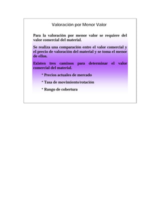 Valoración por Menor Valor

Para la valoración por menor valor se requiere del
valor comercial del material.
Se realiza una comparación entre el valor comercial y
el precio de valoración del material y se toma el menor
de ellos.
Existen tres caminos para determinar el valor
comercial del material.
    * Precios actuales de mercado
    * Tasa de movimiento/rotación
    * Rango de cobertura
 