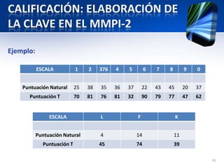 CALIFICACIÓN: ELABORACIÓN DE
LA CLAVE EN EL MMPI-2
Ejemplo:
41
ESCALA 1 2 376 4 5 6 7 8 9 0
Puntuación Natural 25 38 35 36 37 22 43 45 20 37
Puntuación T 70 81 76 81 32 90 79 77 47 62
ESCALA L F K
Puntuación Natural 4 14 11
Puntuación T 45 74 39
 