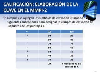 CALIFICACIÓN: ELABORACIÓN DE LA
CLAVE EN EL MMPI-2
Después se agregan los símbolos de elevación utilizando las
siguientes anotaciones para designar los rangos de elevación de
10 puntos de los puntajes T.
43
** 100 109
* 90 99
´´ 80 89
´ 70 79
- 60 69
/ 50 59
: 40 39
# 30 39
29 Y menos de 29 a la
derecha de #.
 