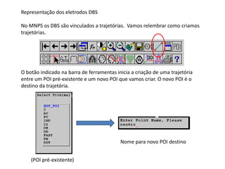 Representação dos eletrodos DBS
No MNPS os DBS são vinculados a trajetórias. Vamos relembrar como criamos
trajetórias.
O botão indicado na barra de ferramentas inicia a criação de uma trajetória
entre um POI pré-existente e um novo POI que vamos criar. O novo POI é o
destino da trajetória.
(POI pré-existente)
Nome para novo POI destino
 
