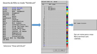 Desenho de ROIs no modo “Paintbrush”
Selecionar “Draw with Brush”
Dar um nome para a nova
ROI e terminar com
<ENTER>
 