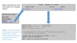 Agora importamos os arcos
do pré-plano via “Template
Import”.
NOTA: o arquivo do template
fica na pasta de instalação do
MNPS e tem a extensão
“.TEM”. Quando não seja mais
necessário pode deletar o
referido arquivo.
 