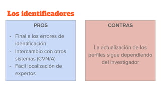 Los identificadores
PROS
- Final a los errores de
identificación
- Intercambio con otros
sistemas (CVN/A)
- Fácil localiza...