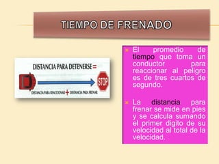    El    promedio     de
    tiempo que toma un
    conductor        para
    reaccionar al peligro
    es de tres cuartos de
    segundo.

   La distancia para
    frenar se mide en pies
    y se calcula sumando
    el primer digito de su
    velocidad al total de la
    velocidad.
 