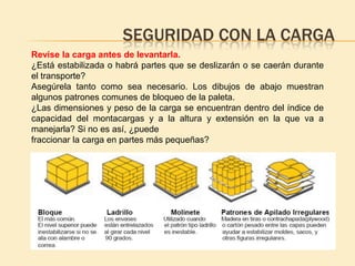 SEGURIDAD CON LA CARGA
Revise la carga antes de levantarla.
¿Está estabilizada o habrá partes que se deslizarán o se caerán durante
el transporte?
Asegúrela tanto como sea necesario. Los dibujos de abajo muestran
algunos patrones comunes de bloqueo de la paleta.
¿Las dimensiones y peso de la carga se encuentran dentro del índice de
capacidad del montacargas y a la altura y extensión en la que va a
manejarla? Si no es así, ¿puede
fraccionar la carga en partes más pequeñas?
 