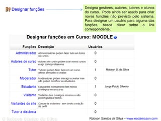 Menu Administração do CursoMenu Administração do Curso
Forma alternativa de
ativar / desativar a edição
de um curso.
Forma alternativa de
ativar / desativar a edição
de um curso.
Se acionado, modifica a
forma como as opções de
recursos e atividades são
apresentadas. Ao invés de
um, tem-se dois menus.
Se acionado, modifica a
forma como as opções de
recursos e atividades são
apresentadas. Ao invés de
um, tem-se dois menus.
 