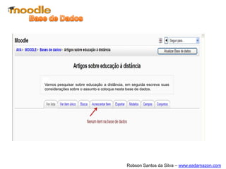 Oportunidades para o uso do livroOportunidades para o uso do livro
O livro é um dos recursos mais importantes do
Moodle. Além de ser prático e de ter fácil
configuração, permite que os usuários possam
imprimir todo o conteúdo ou somente o que for
de seu interesse.
O livro é um dos recursos mais importantes do
Moodle. Além de ser prático e de ter fácil
configuração, permite que os usuários possam
imprimir todo o conteúdo ou somente o que for
de seu interesse.
 
