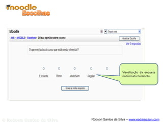 o Moodle permite que a
disponibilize arquivos, em qualquer
formato, tanto para visualização
quanto download. Nesse contexto,
diferentes condicionantes devem
ser avaliadas para que o recurso
seja utilizado da melhor forma
possível.
o Moodle permite que a
disponibilize arquivos, em qualquer
formato, tanto para visualização
quanto download. Nesse contexto,
diferentes condicionantes devem
ser avaliadas para que o recurso
seja utilizado da melhor forma
possível.
Link a um arquivoLink a um arquivo
 