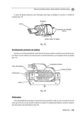 Mecânica de Motocicletas – Sistema Elétrico da Motocicleta
SENAI-RJ – 105105105105105
A chave de ignição funciona como interruptor, para ligar ou desligar os circuitos à vontade do
condutor (fig. 18).
Enrolamento primário da bobina
Localiza-se no interior da bobina, sendo feito de fio grosso isolado, enrolado em um núcleo de aço,
com baixo teor de carbono, por onde percorre a corrente da bateria, ao ser ligada à chave de ignição
(fig. 19).
Platinados
Têm a finalidade de interromper a corrente do circuito primário, cada vez que o ressalto do eixo de
came age sobre ele, ou seja, quando se abrem os contatos. É composto por bigorna, martelo e contatos,
que funcionam como interruptores (fig. 20).
Fig. 18Fig. 18Fig. 18Fig. 18Fig. 18
chave
tambor seletor de ligação
conectores da instalação
elétrica
fechadura
Fig. 19Fig. 19Fig. 19Fig. 19Fig. 19
enrolamento primário
carcaça da bobina
fonte alimentadora
condensador
núcleo
 