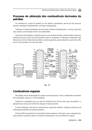 Mecânica de Motocicletas – Sistema de Alimentação
SENAI-RJ – 133133133133133
Processo de obtenção dos combustíveis derivados do
petróleo
Os combustíveis, a partir do petróleo cru são obtidos, normalmente, através de três processos
distintos: destilação, desdobramento (cracking) e hidrogenação.
Ainda que o volume de produção seja maior pelos sistemas de hidrogenção e cracking, o processo
mais usado é o de destilação devido à sua simplicidade.
No processo de destilação, o petróleo aquece-se em um forno de tubos, sendo enviado a uma torre
metálica que possui vários pisos descontínuos onde se condensam os diferentes componentes que
fluem para o exterior. Desta maneira, obtêm-se, além da gasolina, gases combustíveis, querosene, óleo
diesel e óleos pesados com seus derivados.
Combustíveis vegetais
São obtidos através da destilação de vegetais em decomposição. Entre os subprodutos resultantes
dessa destilação, destaca-se o álcool hidratado.
Justifica-se a preferência por esse tipo de combustível em face do alto custo do petróleo e a
perspectiva de escassez de tal fonte de energia em futuro próximo.
O álcool hidratado, derivado da cana-de-açúcar, apresenta melhores condições alternativas de
substituição do petróleo no território brasileiro.
O álcool difere da gasolina em características físico-químicas. Entretanto, com a adequação dos
atuais motores a gasolina, obtem-se excelente resultado para o uso do combustível vegetal.
Fig. 10Fig. 10Fig. 10Fig. 10Fig. 10
depósito forno tubular torre de destilação
(pressão normal)
óleo forno tubular torre de destilação
(depressão)
o
C
0
50
100
150
200
250
300
350
400
o
C
300
350
400
450
500
550
600
650
700
gás
de combustão
gasolina
querosene
óleo diesel
óleo fino
óleo para mancais
óleo para motores
óleo para engrenagens
óleo combustível
betuminosos
 