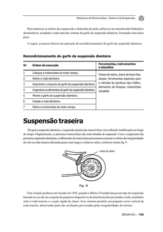 Mecânica de Motocicletas – Sistema de Suspensão
SENAI-RJ – 159159159159159
Para amenizar os efeitos da compressão e distensão da mola, utiliza-se um amortecedor hidráulico
desmontável, acoplado a cada uma das colunas do garfo da suspensão dianteira, formando uma única
peça.
A seguir, os passos básicos da operação de recondicionamento do garfo da suspensão dianteira.
Recondicionamento do garfo da suspensão dianteira
Suspensão traseira
Talqualasuspensãodianteira,asuspensãotraseiradasmotocicletasvemsofrendomodificaçõesaolongo
do tempo. Originalmente, as primeiras motocicletas não eram dotadas de suspensão. Com o surgimento das
primeirassuspensõesdianteiras,osfabricantesdemotocicletasprocuraramamenizarosefeitosdasirregularidades
do solo na roda traseira utilizando pneus mais largos e molas no selim, conforme mostra fig. 9.
Esta solução perdurou até meados de 1945, quando a fábrica Triumph lançou um tipo de suspensão
baseado no uso de um conjunto de pequenos dispositivos de amortecimento por pistão e mola, instalados
entre a roda traseira e a seção rígida do chassi. Esse sistema permitiu um pequeno curso vertical da
roda traseira, absorvendo parte das oscilações provocadas pelas irregularidades do terreno.
Chave de estria, chave de boca fixa,
alicate, ferramentas especiais para
a retirada do parafuso tipo Hallen,
elementos de limpeza, motocicleta
completa
1 Coloque a motocicleta na moto-rampa.
2 Retire a roda dianteira.
3 Desmonte o conjunto do garfo da suspensão dianteira.
4 Inspecione os elementos do garfo da suspensão dianteira.
5 Monte o garfo da suspensão dianteira.
6 Instale a roda dianteira.
7 Retire a motocicleta da moto-rampa.
N.o
Ordem de execução Ferramentas, instrumentos
e utensílios
Fig. 9Fig. 9Fig. 9Fig. 9Fig. 9
mola do selim
 