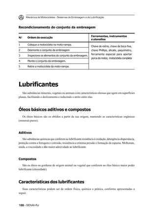 Mecânica de Motocicletas – Sistemas de Embreagem e de Lubrificação
168168168168168 – SENAI-RJ
Recondicionamento do conjunto da embreagem
Lubrificantes
São substâncias minerais, vegetais ou animais com características oleosas que agem em superfícies
planas, facilitando o deslizamento e reduzindo o atrito entre elas.
Óleos básicos aditivos e compostos
Os óleos básicos são os obtidos a partir da sua origem, mantendo as características orgânicas
(minerais puros).
Aditivos
Sãosubstânciasquímicasqueconferemaolubrificanteresistênciaàoxidação,detergência-dispersância,
proteção contra a ferrugem e corrosão, resistência a extrema pressão e formação de espuma. Melhoram,
ainda, a viscosidade e dão maior adesividade ao lubrificante.
Compostos
São os óleos ou gorduras de origem animal ou vegetal que conferem ao óleo básico maior poder
lubrificante (oleosidade).
Características dos lubrificantes
Suas características podem ser de ordem física, química e prática, conforme apresentadas a
seguir.
Chave de estria, chave de boca fixa,
chave Phillips, alicate, paquímetro,
ferramenta especial para apertar
porca do motor, motocicleta completa
1 Coloque a motocicleta na moto-rampa.
2 Desmonte o conjunto da embreagem
3 Inspecione os elementos do conjunto da embreagem.
4 Monte o conjunto da embreagem.
5 Retire a motocicleta da moto-rampa.
N.o
Ordem de execução
Ferramentas, instrumentos
e utensílios
 