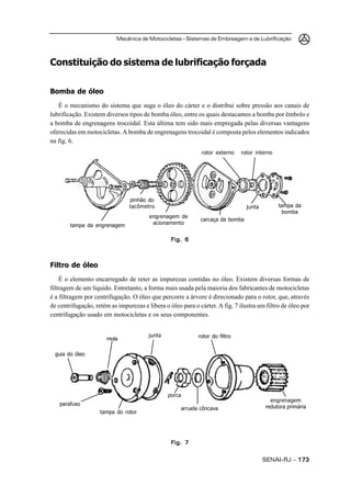 Mecânica de Motocicletas – Sistemas de Embreagem e de Lubrificação
SENAI-RJ – 173173173173173
Constituição do sistema de lubrificação forçada
Bomba de óleo
É o mecanismo do sistema que suga o óleo do cárter e o distribui sobre pressão aos canais de
lubrificação. Existem diversos tipos de bomba óleo, entre os quais destacamos a bomba por êmbolo e
a bomba de engrenagens trocoidal. Esta última tem sido mais empregada pelas diversas vantagens
oferecidas em motocicletas. A bomba de engrenagens trocoidal é composta pelos elementos indicados
na fig. 6.
Filtro de óleo
É o elemento encarregado de reter as impurezas contidas no óleo. Existem diversas formas de
filtragem de um líquido. Entretanto, a forma mais usada pela maioria dos fabricantes de motocicletas
é a filtragem por centrifugação. O óleo que percorre a árvore é direcionado para o rotor, que, através
de centrifugação, retém as impurezas e libera o óleo para o cárter. A fig. 7 ilustra um filtro de óleo por
centrifugação usado em motocicletas e os seus componentes.
Fig. 6Fig. 6Fig. 6Fig. 6Fig. 6
Fig. 7Fig. 7Fig. 7Fig. 7Fig. 7
rotor externo rotor interno
junta tampa da
bomba
carcaça da bomba
engrenagem de
acionamento
pinhão do
tacômetro
tampa da engrenagem
guia do óleo
parafuso
tampa do rotor
porca
arruela côncava
engrenagem
redutora primária
rotor do filtrojunta
mola
 