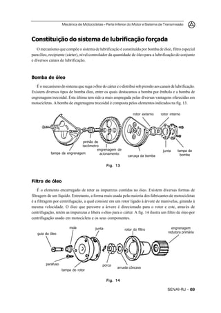 Mecânica de Motocicletas – Parte Inferior do Motor e Sistema de Transmissão
SENAI-RJ – 6969696969
Constituição do sistema de lubrificação forçada
O mecanismo que compõe o sistema de lubrificação é constituído por bomba de óleo, filtro especial
para óleo, recipiente (cárter), nível controlador da quantidade de óleo para a lubrificação do conjunto
e diversos canais de lubrificação.
Bomba de óleo
É o mecanismo do sistema que suga o óleo do cárter e o distribui sob pressão aos canais de lubrificação.
Existem diversos tipos de bomba óleo, entre os quais destacamos a bomba por êmbolo e a bomba de
engrenagens trocoidal. Esta última tem sido a mais empregada pelas diversas vantagens oferecidas em
motocicletas. A bomba de engrenagens trocoidal é composta pelos elementos indicados na fig. 13.
Filtro de óleo
É o elemento encarregado de reter as impurezas contidas no óleo. Existem diversas formas de
filtragem de um líquido. Entretanto, a forma mais usada pela maioria dos fabricantes de motocicletas
é a filtragem por centrifugação, a qual consiste em um rotor ligado à árvore de manivelas, girando à
mesma velocidade. O óleo que percorre a árvore é direcionado para o rotor e este, através de
centrifugação, retém as impurezas e libera o óleo para o cárter. A fig. 14 ilustra um filtro de óleo por
centrifugação usado em motocicleta e os seus componentes.
Fig. 13Fig. 13Fig. 13Fig. 13Fig. 13
carcaça da bomba
Fig. 14Fig. 14Fig. 14Fig. 14Fig. 14
arruela côncava
junta tampa da
bomba
rotor internorotor externo
engrenagem de
acionamento
pinhão do
tacômetro
tampa da engrenagem
porca
tampa do rotor
parafuso
guia do óleo
mola junta rotor do filtro engrenagem
redutora primária
 