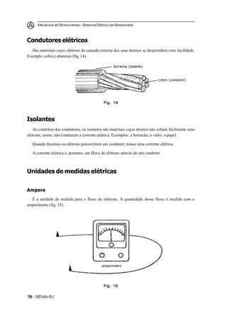 Mecânica de Motocicletas – Sistema Elétrico da Motocicleta
7878787878 – SENAI-RJ
Condutores elétricos
São materiais cujos elétrons da camada externa dos seus átomos se desprendem com facilidade.
Exemplo: cobre e alumínio (fig. 14).
Isolantes
Ao contrário dos condutores, os isolantes são materiais cujos átomos não soltam facilmente seus
elétrons; assim, não conduzem a corrente elétrica. Exemplos: a borracha, o vidro, o papel.
Quando fazemos os elétrons percorrerem um condutor, temos uma corrente elétrica.
A corrente elétrica é, portanto, um fluxo de elétrons através de um condutor.
Unidades de medidas elétricas
Ampere
É a unidade de medida para o fluxo de elétrons. A quantidade desse fluxo é medida com o
amperímetro (fig. 15).
Fig. 14Fig. 14Fig. 14Fig. 14Fig. 14
borracha (isolante)
cobre (condutor)
Fig. 15Fig. 15Fig. 15Fig. 15Fig. 15
amperímetro
 