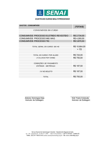 Serviço Nacional de Aprendizagem Industrial – Departamento Regional de Goiás
Av.: Dr. Lamartine P. Avelar nº 1.400 – Setor Universitário -– CEP 75.704-020 – Catalão-GO
Telefax: (64) 3411-1065–E-mail catalao.senai@sistemafieg.org.br – Site. www.sistemafieg.org.br
CUSTO DO CURSO MULTIPROCESSO
GASTOS : CONSUMÍVEIS
(TOTAIS)
CONSUMIVEIS DO CURSO
CONSUMIVEIS PROCESSO ELETRIDO REVESTIDO R$ 2.734,00
CONSUMIVEIS PROCESSO MIG MAG R$ 4.260,00
CONSUMÍVEIS PROCESSO TIG R$ 3.870,00
TOTAL GERAL DO CURSO 300 HS R$ 10.864,00
÷ 15
TOTAL DO CURSO POR ALUNO R$ 724,00
(15 ALUNOS POR TURMA) R$ 750,00
CONDIÇÕES DE PAGAMENTO
ENTRADA - MATRÍCULA R$ 187,50
3 X NO BOLETO R$ 187,50
TOTAL R$ 750,00
___________________ ___________________
Antonio Domingos Dias Edir Freire Cristovão
Instrutor de Soldagem Instrutor de Soldagem
 