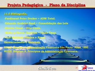 dialética Projeto Pedagógico  -  Plano da Disciplina 11.5 Bibliografia. Ferdinand Peter Druker = ADM Total. Eduardo Grabriel Saad = Consolidação das Leis Direito Usual – Otto Costa. Mídia p/Novos Usuários = Linda Tway. .Contabilidade Pública e Rural. Gerenciamento e Sistemas. ROSS, Stephen A. Administração  Financeira.São Paulo: Atlas, 1995. ... ¨ ROSS, Stephen A. Princípios  de Administração  Financeira . 
