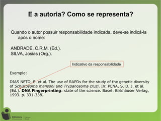 Quando o autor possuir responsabilidade indicada, deve-se indicá-la
após o nome:
ANDRADE, C.R.M. (Ed.).
SILVA, Josias (Org.).
E a autoria? Como se representa?
Exemplo:
DIAS NETO, E. et al. The use of RAPDs for the study of the genetic diversity
of Schistosoma mansoni and Trypanosoma cruzi. In: PENA, S. D. J. et al.
(Ed.). DNA Fingerprinting: state of the science. Basel: Birkhäuser Verlag,
1993. p. 331-338.
Indicativo da responsabilidade
 