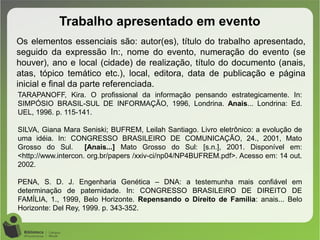 Trabalho apresentado em evento
Os elementos essenciais são: autor(es), título do trabalho apresentado,
seguido da expressão In:, nome do evento, numeração do evento (se
houver), ano e local (cidade) de realização, título do documento (anais,
atas, tópico temático etc.), local, editora, data de publicação e página
inicial e final da parte referenciada.
TARAPANOFF, Kira. O profissional da informação pensando estrategicamente. In:
SIMPÓSIO BRASIL-SUL DE INFORMAÇÃO, 1996, Londrina. Anais... Londrina: Ed.
UEL, 1996. p. 115-141.
SILVA, Giana Mara Seniski; BUFREM, Leilah Santiago. Livro eletrônico: a evolução de
uma idéia. In: CONGRESSO BRASILEIRO DE COMUNICAÇÃO, 24., 2001, Mato
Grosso do Sul. [Anais...] Mato Grosso do Sul: [s.n.], 2001. Disponível em:
<http://www.intercon. org.br/papers /xxiv-ci/np04/NP4BUFREM.pdf>. Acesso em: 14 out.
2002.
PENA, S. D. J. Engenharia Genética – DNA: a testemunha mais confiável em
determinação de paternidade. In: CONGRESSO BRASILEIRO DE DIREITO DE
FAMÍLIA, 1., 1999, Belo Horizonte. Repensando o Direito de Família: anais... Belo
Horizonte: Del Rey, 1999. p. 343-352.
 