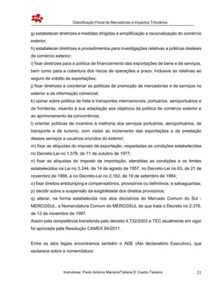 Classificação Fiscal de Mercadorias e Impactos Tributários
Instrutores: Paulo Antonio Mariano/Tatiane D’ Castro Teixeira 21
g) estabelecer diretrizes e medidas dirigidas à simplificação e racionalização do comércio
exterior;
h) estabelecer diretrizes e procedimentos para investigações relativas a práticas desleais
de comércio exterior;
i) fixar diretrizes para a política de financiamento das exportações de bens e de serviços,
bem como para a cobertura dos riscos de operações a prazo, inclusive as relativas ao
seguro de crédito às exportações;
j) fixar diretrizes e coordenar as políticas de promoção de mercadorias e de serviços no
exterior e de informação comercial;
k) opinar sobre política de frete e transportes internacionais, portuários, aeroportuários e
de fronteiras, visando à sua adaptação aos objetivos da política de comércio exterior e
ao aprimoramento da concorrência;
l) orientar políticas de incentivo à melhoria dos serviços portuários, aeroportuários, de
transporte e de turismo, com vistas ao incremento das exportações e da prestação
desses serviços a usuários oriundos do exterior;
m) fixar as alíquotas do imposto de exportação, respeitadas as condições estabelecidas
no Decreto-Lei no 1.578, de 11 de outubro de 1977;
n) fixar as alíquotas do imposto de importação, atendidas as condições e os limites
estabelecidos na Lei no 3.244, de 14 de agosto de 1957, no Decreto-Lei no 63, de 21 de
novembro de 1966, e no Decreto-Lei no 2.162, de 19 de setembro de 1984;
o) fixar direitos antidumping e compensatórios, provisórios ou definitivos, e salvaguardas;
p) decidir sobre a suspensão da exigibilidade dos direitos provisórios;
q) alterar, na forma estabelecida nos atos decisórios do Mercado Comum do Sul -
MERCOSUL, a Nomenclatura Comum do MERCOSUL de que trata o Decreto no 2.376,
de 12 de novembro de 1997.
Assim pela competência transferida pelo decreto 4.732/2003 a TEC atualmente em vigor
foi aprovada pela Resolução CAMEX 94/2011.
Entre os atos legais encontramos também o ADE (Ato declaratório Executivo), que
esclarece sobre a nomenclatura.
 