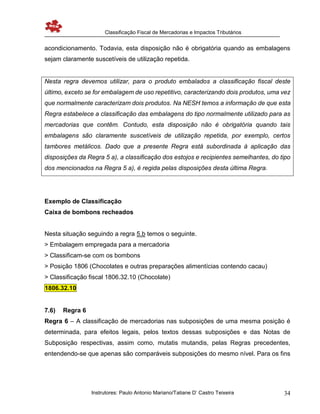 Classificação Fiscal de Mercadorias e Impactos Tributários
Instrutores: Paulo Antonio Mariano/Tatiane D’ Castro Teixeira 34
acondicionamento. Todavia, esta disposição não é obrigatória quando as embalagens
sejam claramente suscetíveis de utilização repetida.
Nesta regra devemos utilizar, para o produto embalados a classificação fiscal deste
último, exceto se for embalagem de uso repetitivo, caracterizando dois produtos, uma vez
que normalmente caracterizam dois produtos. Na NESH temos a informação de que esta
Regra estabelece a classificação das embalagens do tipo normalmente utilizado para as
mercadorias que contêm. Contudo, esta disposição não é obrigatória quando tais
embalagens são claramente suscetíveis de utilização repetida, por exemplo, certos
tambores metálicos. Dado que a presente Regra está subordinada à aplicação das
disposições da Regra 5 a), a classificação dos estojos e recipientes semelhantes, do tipo
dos mencionados na Regra 5 a), é regida pelas disposições desta última Regra.
Exemplo de Classificação
Caixa de bombons recheados
Nesta situação seguindo a regra 5.b temos o seguinte.
> Embalagem empregada para a mercadoria
> Classificam-se com os bombons
> Posição 1806 (Chocolates e outras preparações alimentícias contendo cacau)
> Classificação fiscal 1806.32.10 (Chocolate)
1806.32.10
7.6) Regra 6
Regra 6 – A classificação de mercadorias nas subposições de uma mesma posição é
determinada, para efeitos legais, pelos textos dessas subposições e das Notas de
Subposição respectivas, assim como, mutatis mutandis, pelas Regras precedentes,
entendendo-se que apenas são comparáveis subposições do mesmo nível. Para os fins
 