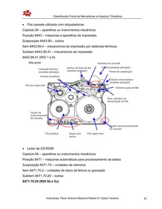 Classificação Fiscal de Mercadorias e Impactos Tributários
Instrutores: Paulo Antonio Mariano/Tatiane D’ Castro Teixeira 41
 Fita cassete utilizada com etiquetadoras
Capitulo 84 – aparelhos ou instrumentos mecânicos
Posição 8443 – máquinas e aparelhos de impressão
Subposição 8443.99 – outros
Item 8443.99.4 – mecanismos de impressão por sistemas térmicos
Subitem 8443.99.41 – mecanismos de impressão
8443.99.41 (RGI 1 e 6)
 Leitor de CD-ROM
Capitulo 84 – aparelhos ou instrumentos mecânicos
Posição 8471 – máquinas automáticas para processamento de dados
Subposição 8471.70 – unidades de memória
Item 8471.70.2 – unidades de disco de leitura ou gravação
Subitem 8471.70.29 – outras
8471.70.29 (RGI 5b e 5c)
 