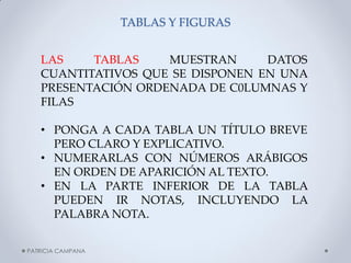 TABLAS Y FIGURAS 
PATRICIA CAMPANA 
LAS TABLAS MUESTRAN DATOS CUANTITATIVOS QUE SE DISPONEN EN UNA PRESENTACIÓN ORDENADA DE C0LUMNAS Y FILAS 
•PONGA A CADA TABLA UN TÍTULO BREVE PERO CLARO Y EXPLICATIVO. 
•NUMERARLAS CON NÚMEROS ARÁBIGOS EN ORDEN DE APARICIÓN AL TEXTO. 
•EN LA PARTE INFERIOR DE LA TABLA PUEDEN IR NOTAS, INCLUYENDO LA PALABRA NOTA.  