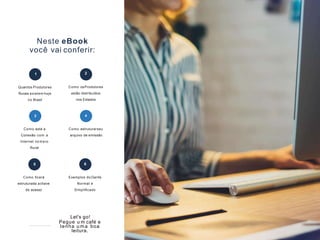 Como osProdutores
estão distribuídos
nos Estados
1
Quantos Produtores
Rurais existem hoje
no Brasil
2
Como está a
Conexão com a
Internet no meio
Rural
3
Como estruturarseu
arquivo de emissão
Neste eBook
você vai conferir:
4
Como ﬁcará
estruturada achave
de acesso
5
Exemplos do Danfe
Normal e
Simpliﬁcado
6
Let's go!
Pegue u m café e
tenha u ma boa
leitura.
 