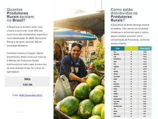Quantos
Produtores
Rurais existem
no Brasil?
Fonte: IBGE (Censo Agro 2017)
Como estão
distribuídos os
Produtores
Rurais?
A Zona Rural do Brasil abrange a todos
os estados, mas devido as condições
climáticas e territoriais para o cultivo,
alguns estados possuem maior
concentração de Produtores, conforme
mostra a tabela:
O Brasil hoje é dividido entre zona
urbana e zona rural, onde 60% dos
municípios são considerados, segundo a
nova classiﬁcação do IBGE, Municípios
Rurais e abrigam cerca de 36% da
população Brasileira.
Conforme mostra a imagem abaixo,
atualmente o Brasil conta com mais de
5 Milhões de Produtores Rurais
distribuídos em todo o país, produzindo
as mais diversas linhas de cultivo do
agronegócio.
 