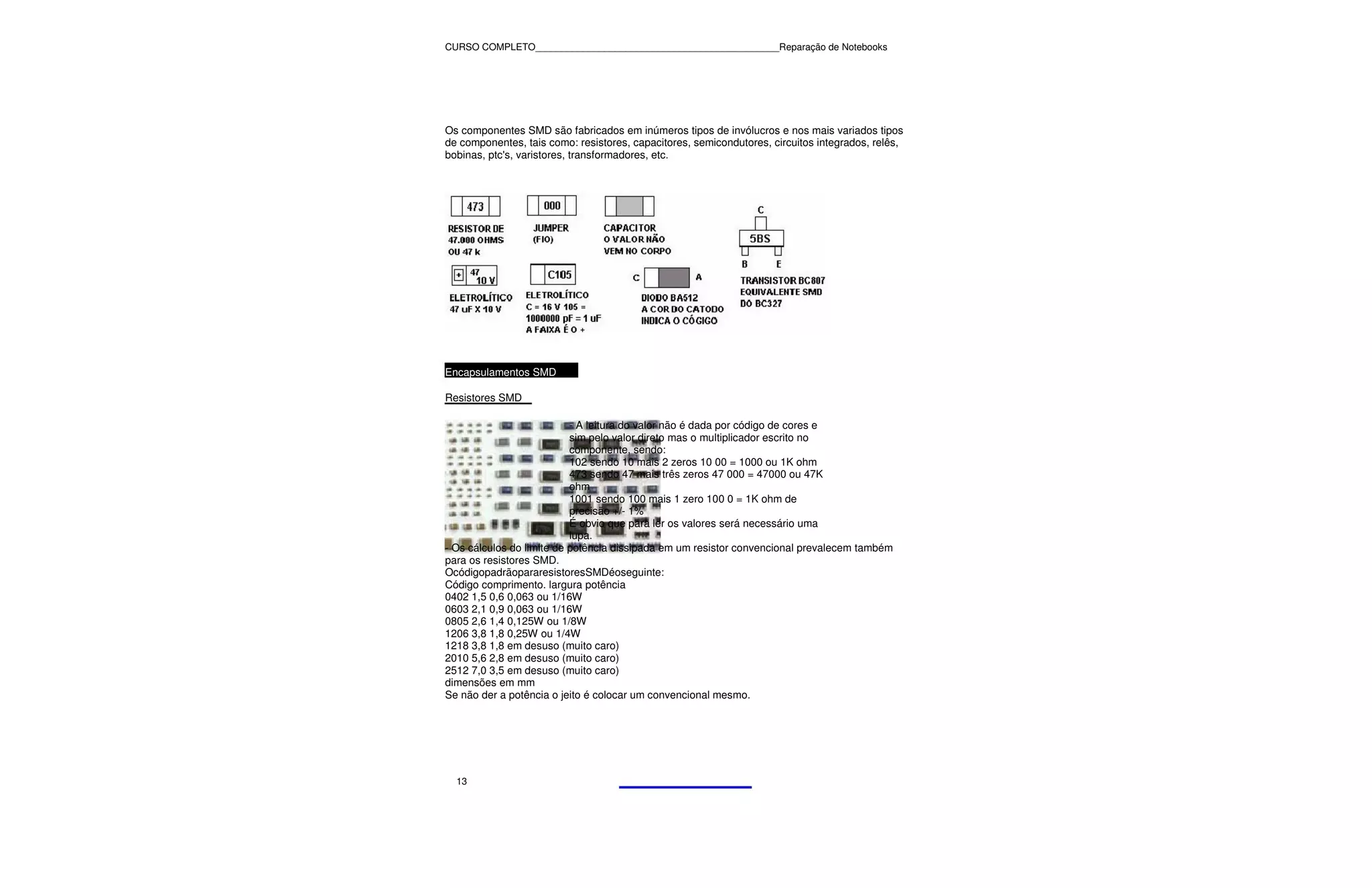 CURSO COMPLETO______________________________________________Reparação de Notebooks




Os componentes SMD são fabricados em inúmeros tipos de invólucros e nos mais variados tipos
de componentes, tais como: resistores, capacitores, semicondutores, circuitos integrados, relês,
bobinas, ptc's, varistores, transformadores, etc.




Encapsulamentos SMD

Resistores SMD

                           - A leitura do valor não é dada por código de cores e
                           sim pelo valor direto mas o multiplicador escrito no
                           componente, sendo:
                           102 sendo 10 mais 2 zeros 10 00 = 1000 ou 1K ohm
                           473 sendo 47 mais três zeros 47 000 = 47000 ou 47K
                           ohm
                           1001 sendo 100 mais 1 zero 100 0 = 1K ohm de
                           precisão +/- 1%
                           É obvio que para ler os valores será necessário uma
                           lupa.
- Os cálculos do limite de potência dissipada em um resistor convencional prevalecem também
para os resistores SMD.
OcódigopadrãopararesistoresSMDéoseguinte:
Código comprimento. largura potência
0402 1,5 0,6 0,063 ou 1/16W
0603 2,1 0,9 0,063 ou 1/16W
0805 2,6 1,4 0,125W ou 1/8W
1206 3,8 1,8 0,25W ou 1/4W
1218 3,8 1,8 em desuso (muito caro)
2010 5,6 2,8 em desuso (muito caro)
2512 7,0 3,5 em desuso (muito caro)
dimensões em mm
Se não der a potência o jeito é colocar um convencional mesmo.




  13
 