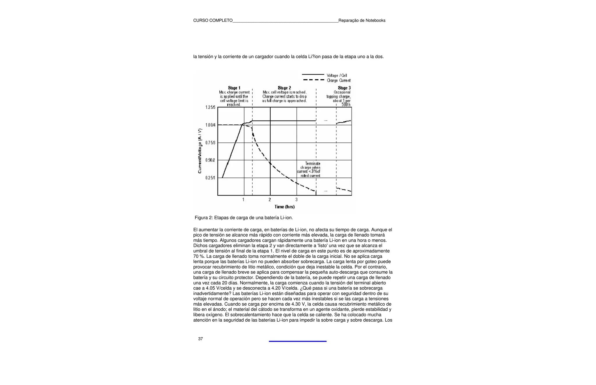 CURSO COMPLETO______________________________________________Reparação de Notebooks




la tensión y la corriente de un cargador cuando la celda Li?ion pasa de la etapa uno a la dos.




Figura 2: Etapas de carga de una batería Li-ion.

El aumentar la corriente de carga, en baterías de Li-ion, no afecta su tiempo de carga. Aunque el
pico de tensión se alcance más rápido con corriente más elevada, la carga de llenado tomará
más tiempo. Algunos cargadores cargan rápidamente una batería Li-ion en una hora o menos.
Dichos cargadores eliminan la etapa 2 y van directamente a 'listo' una vez que se alcanza el
umbral de tensión al final de la etapa 1. El nivel de carga en este punto es de aproximadamente
70 %. La carga de llenado toma normalmente el doble de la carga inicial. No se aplica carga
lenta porque las baterías Li-ion no pueden absorber sobrecarga. La carga lenta por goteo puede
provocar recubrimiento de litio metálico, condición que deja inestable la celda. Por el contrario,
una carga de llenado breve se aplica para compensar la pequeña auto-descarga que consume la
batería y su circuito protector. Dependiendo de la batería, se puede repetir una carga de llenado
una vez cada 20 días. Normalmente, la carga comienza cuando la tensión del terminal abierto
cae a 4.05 V/celda y se desconecta a 4.20 V/celda. ¿Qué pasa si una batería se sobrecarga
inadvertidamente? Las baterías Li-ion están diseñadas para operar con seguridad dentro de su
voltaje normal de operación pero se hacen cada vez más inestables si se las carga a tensiones
más elevadas. Cuando se carga por encima de 4.30 V, la celda causa recubrimiento metálico de
litio en el ánodo; el material del cátodo se transforma en un agente oxidante, pierde estabilidad y
libera oxígeno. El sobrecalentamiento hace que la celda se caliente. Se ha colocado mucha
atención en la seguridad de las baterías Li-ion para impedir la sobre carga y sobre descarga. Los



  37
 