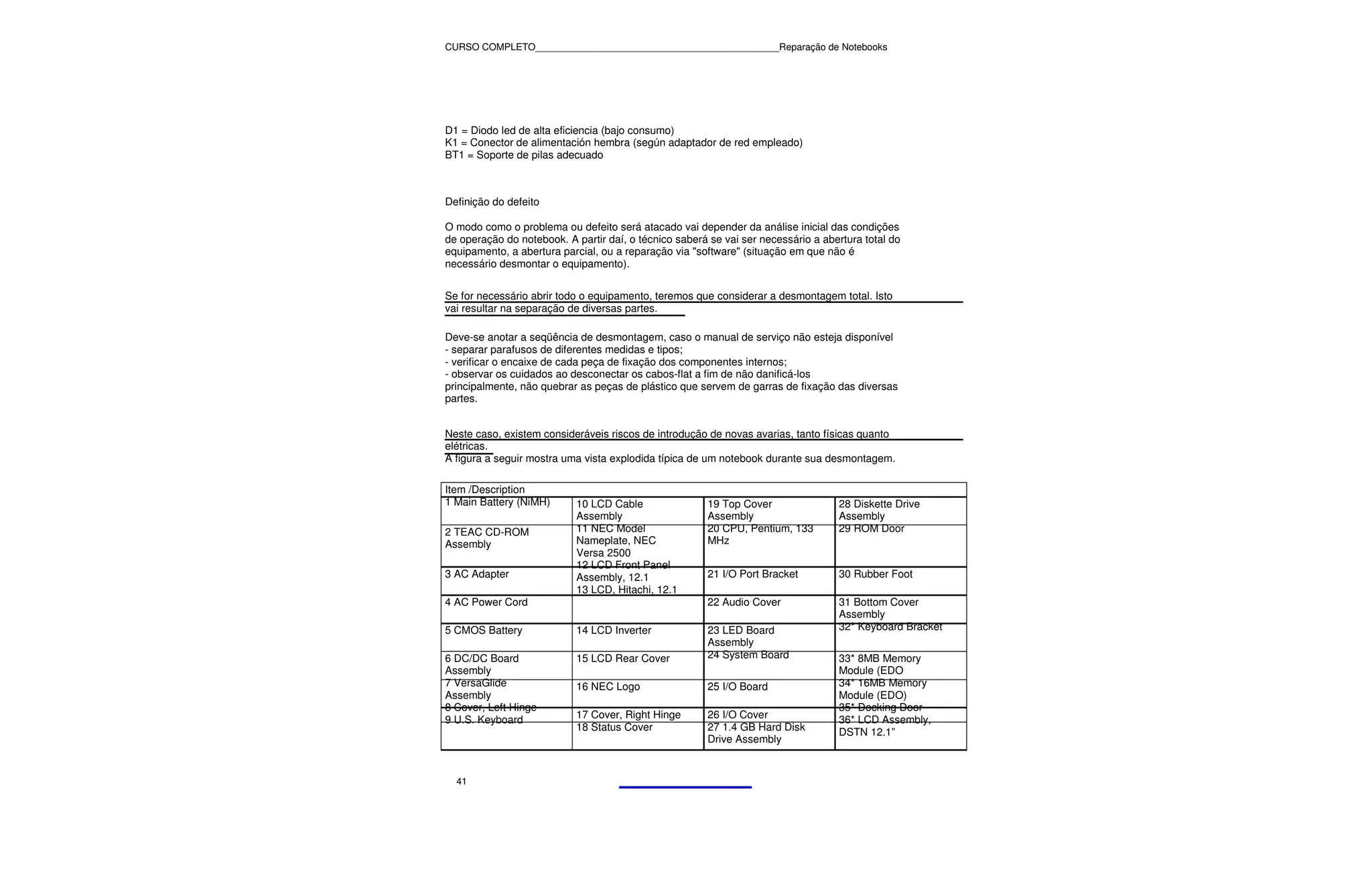 CURSO COMPLETO______________________________________________Reparação de Notebooks




D1 = Diodo led de alta eficiencia (bajo consumo)
K1 = Conector de alimentación hembra (según adaptador de red empleado)
BT1 = Soporte de pilas adecuado



Definição do defeito

O modo como o problema ou defeito será atacado vai depender da análise inicial das condições
de operação do notebook. A partir daí, o técnico saberá se vai ser necessário a abertura total do
equipamento, a abertura parcial, ou a reparação via "software" (situação em que não é
necessário desmontar o equipamento).


Se for necessário abrir todo o equipamento, teremos que considerar a desmontagem total. Isto
vai resultar na separação de diversas partes.

Deve-se anotar a seqüência de desmontagem, caso o manual de serviço não esteja disponível
- separar parafusos de diferentes medidas e tipos;
- verificar o encaixe de cada peça de fixação dos componentes internos;
- observar os cuidados ao desconectar os cabos-flat a fim de não danificá-los
principalmente, não quebrar as peças de plástico que servem de garras de fixação das diversas
partes.


Neste caso, existem consideráveis riscos de introdução de novas avarias, tanto físicas quanto
elétricas.
A figura a seguir mostra uma vista explodida típica de um notebook durante sua desmontagem.

Item /Description
1 Main Battery (NiMH)      10 LCD Cable                19 Top Cover                28 Diskette Drive
                           Assembly                    Assembly                    Assembly
2 TEAC CD-ROM              11 NEC Model                20 CPU, Pentium, 133        29 ROM Door
Assembly                   Nameplate, NEC              MHz
                           Versa 2500
                           12 LCD Front Panel
3 AC Adapter               Assembly, 12.1              21 I/O Port Bracket         30 Rubber Foot
                           13 LCD, Hitachi, 12.1
4 AC Power Cord                                        22 Audio Cover              31 Bottom Cover
                                                                                   Assembly
5 CMOS Battery             14 LCD Inverter             23 LED Board                32* Keyboard Bracket
                                                       Assembly
6 DC/DC Board              15 LCD Rear Cover           24 System Board             33* 8MB Memory
Assembly                                                                           Module (EDO
7 VersaGlide               16 NEC Logo                 25 I/O Board                34* 16MB Memory
Assembly                                                                           Module (EDO)
8 Cover, Left Hinge                                                                35* Docking Door
9 U.S. Keyboard            17 Cover, Right Hinge       26 I/O Cover                36* LCD Assembly,
                           18 Status Cover             27 1.4 GB Hard Disk         DSTN 12.1”
                                                       Drive Assembly


  41
 