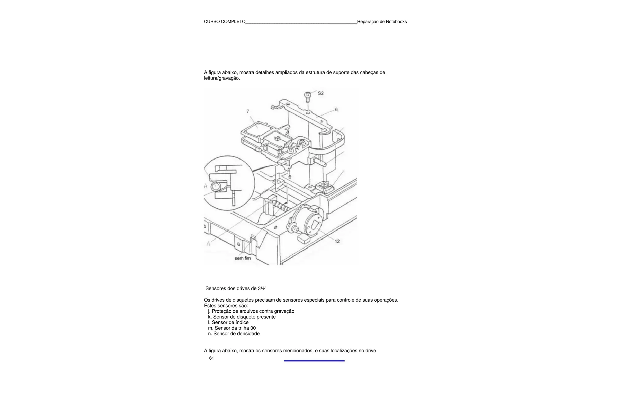 CURSO COMPLETO______________________________________________Reparação de Notebooks




A figura abaixo, mostra detalhes ampliados da estrutura de suporte das cabeças de
leitura/gravação.




Sensores dos drives de 3½"

Os drives de disquetes precisam de sensores especiais para controle de suas operações.
Estes sensores são:
 j. Proteção de arquivos contra gravação
 k. Sensor de disquete presente
 l. Sensor de índice
 m. Sensor da trilha 00
 n. Sensor de densidade


A figura abaixo, mostra os sensores mencionados, e suas localizações no drive.
  61
 