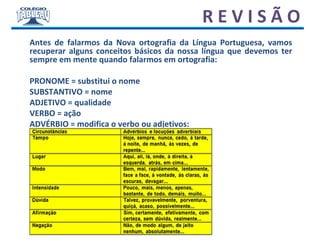 R E V I S Ã O
Antes de falarmos da Nova ortografia da Língua Portuguesa, vamos
recuperar alguns conceitos básicos da nossa língua que devemos ter
sempre em mente quando falarmos em ortografia:
PRONOME = substitui o nome
SUBSTANTIVO = nome
ADJETIVO = qualidade
VERBO = ação
ADVÉRBIO = modifica o verbo ou adjetivos:
 